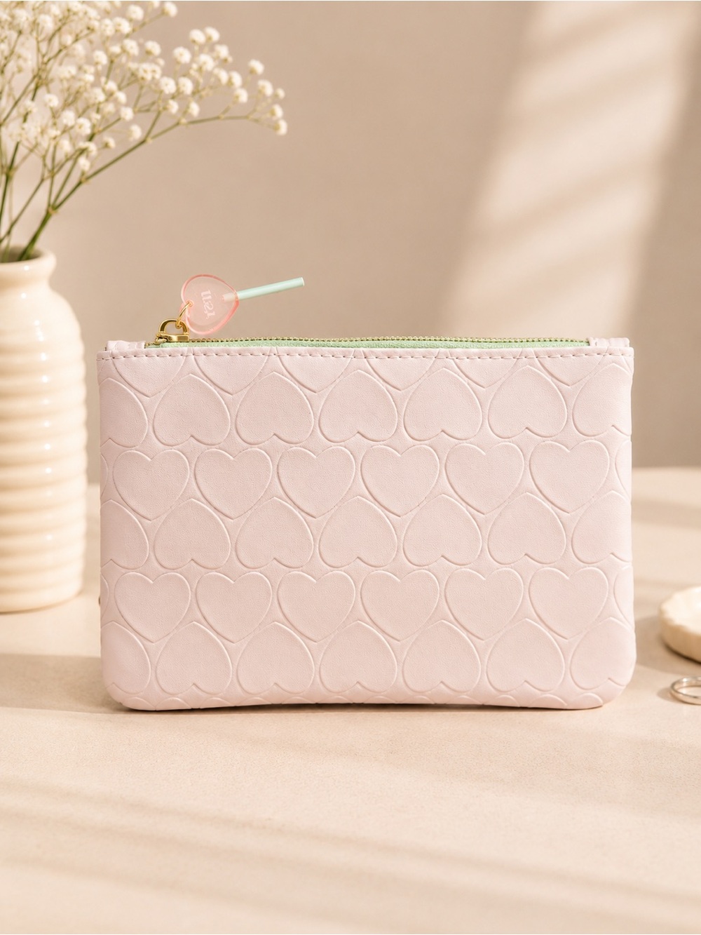Quilted Heart Zip Pouch - Light Pink